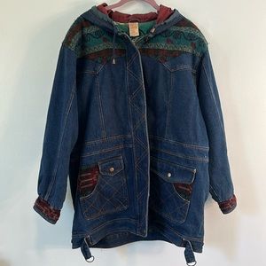 Womens Vintage 90’s Heavy Denim Aztec Themed Quilted Out Brooks Coat Large